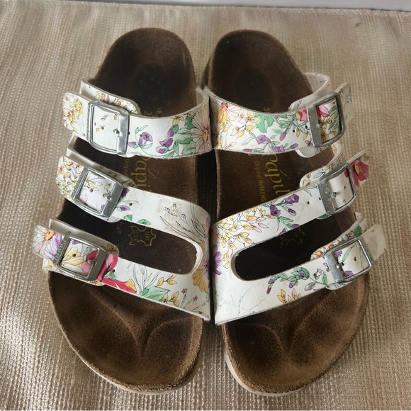 Papillio Birkenstock Boston Clogs W7 M5 White Floral Slip On Shoes Adjust Buckle - Picture 7 of 16